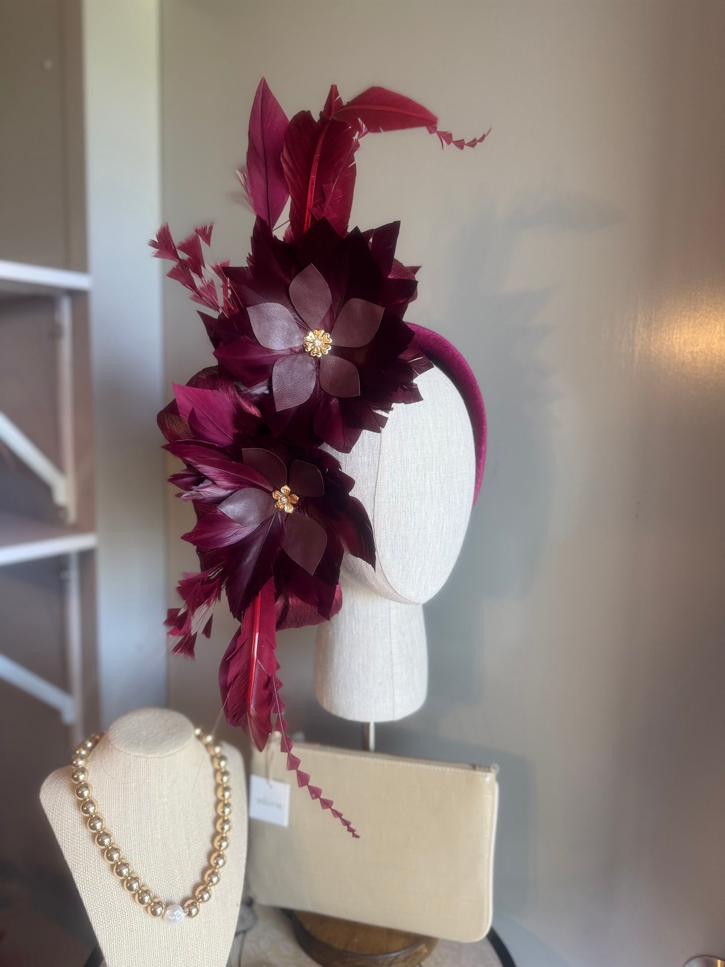 “Jenny” burgundy feather statement
