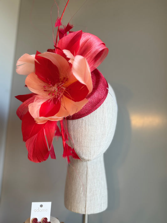“Sara” coral & red floral fascinator
