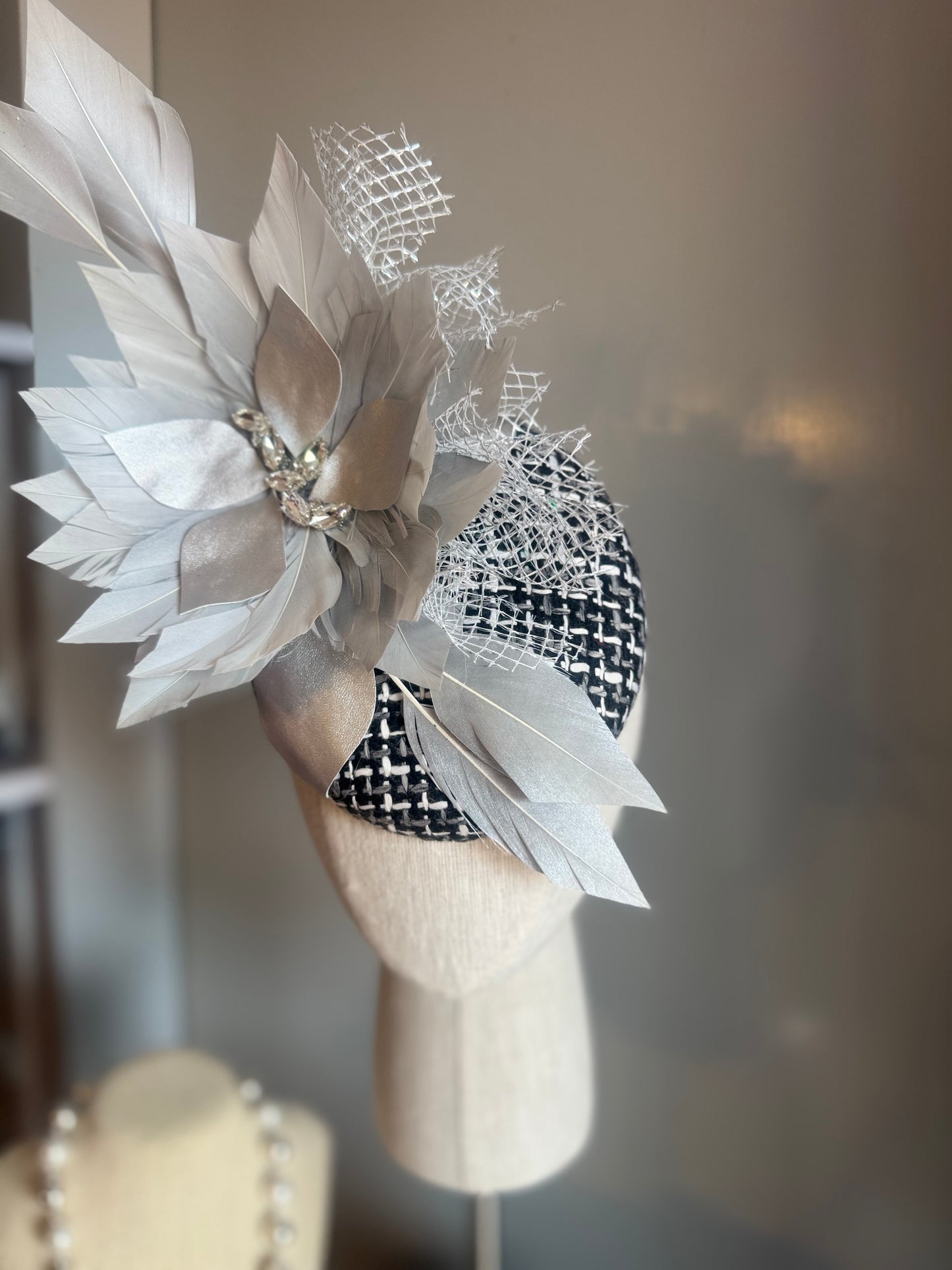 “Beatrice” Silver grey, black & white feather felt/wool statement
