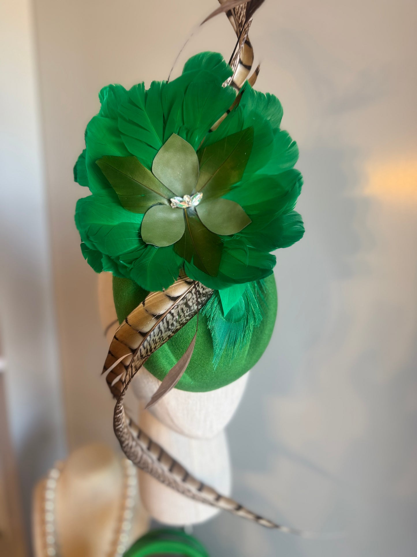 “Sim” Green feather statement pillbox