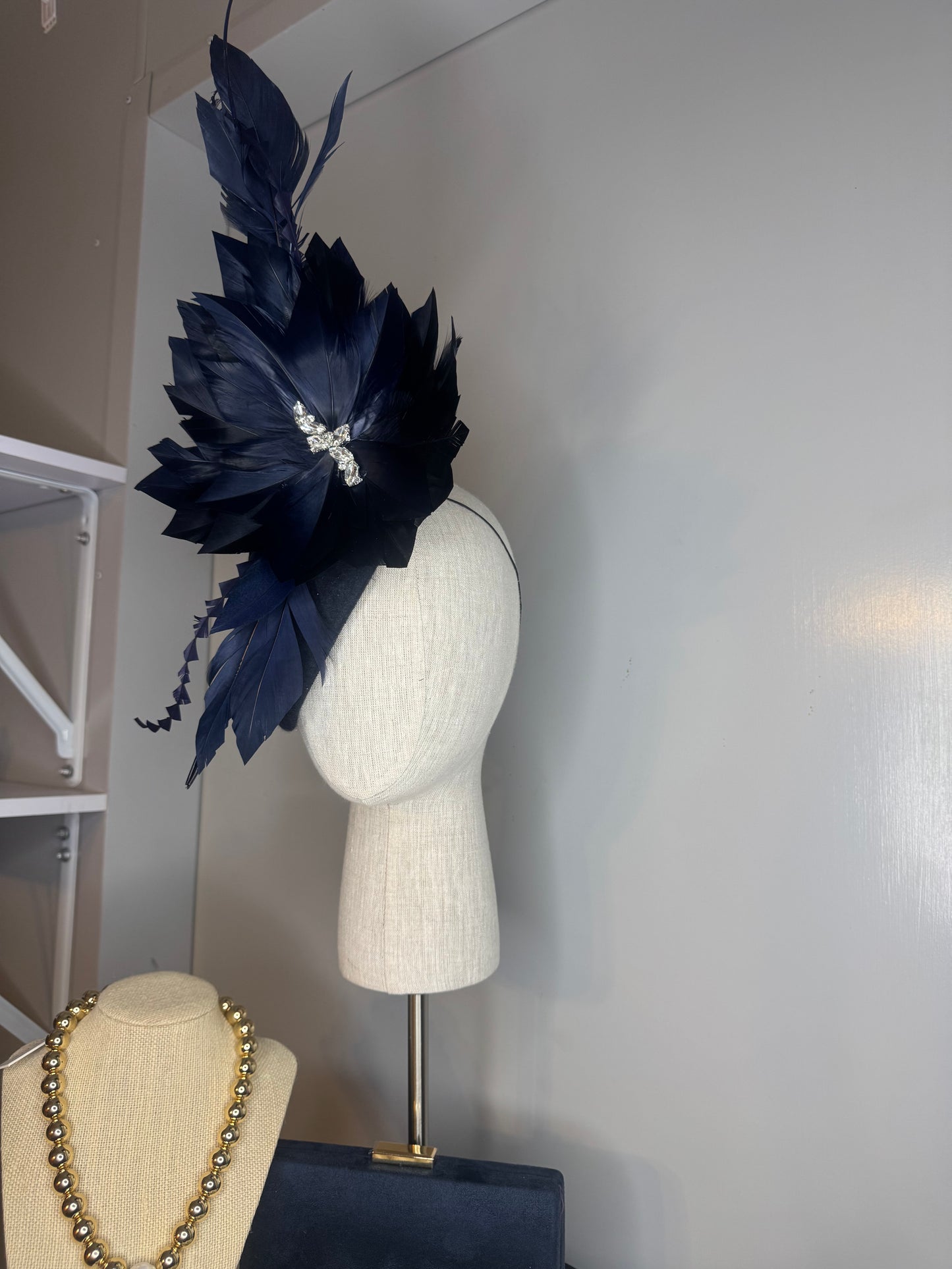 “Georgia” Navy feather felt/wool statement pillbox