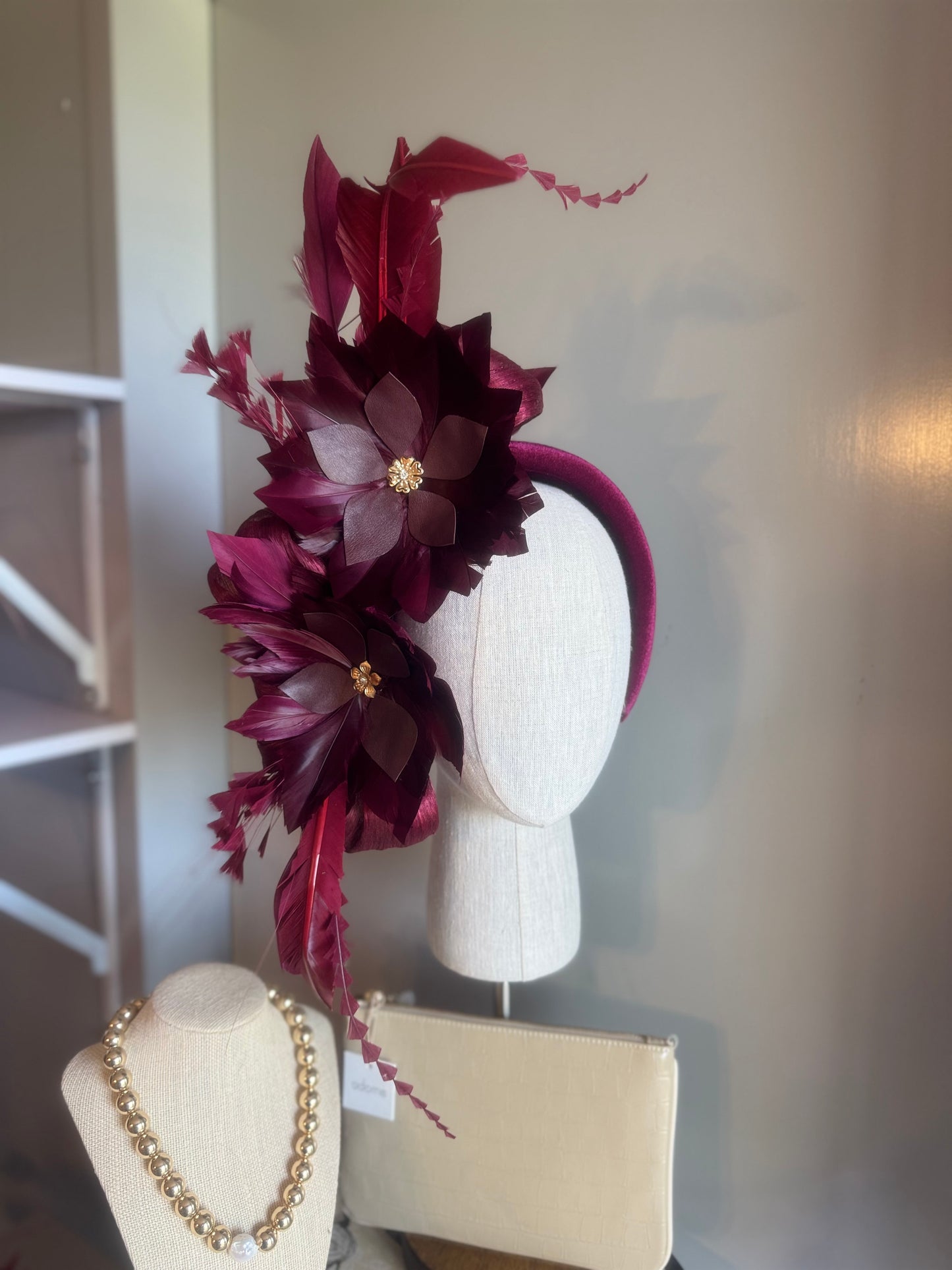 “Jenny” burgundy feather statement