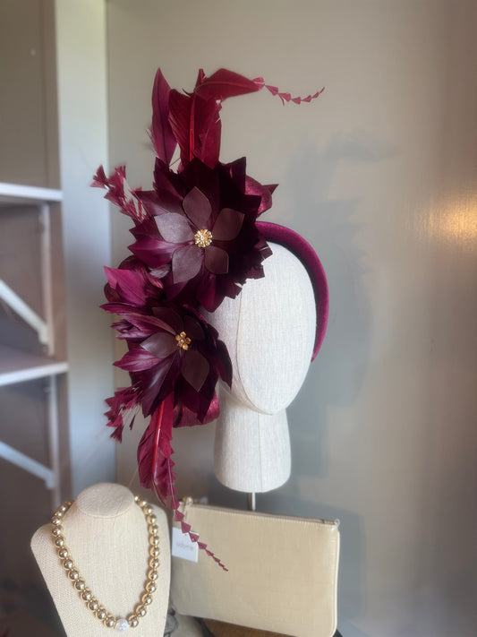 “Jenny” burgundy feather statement