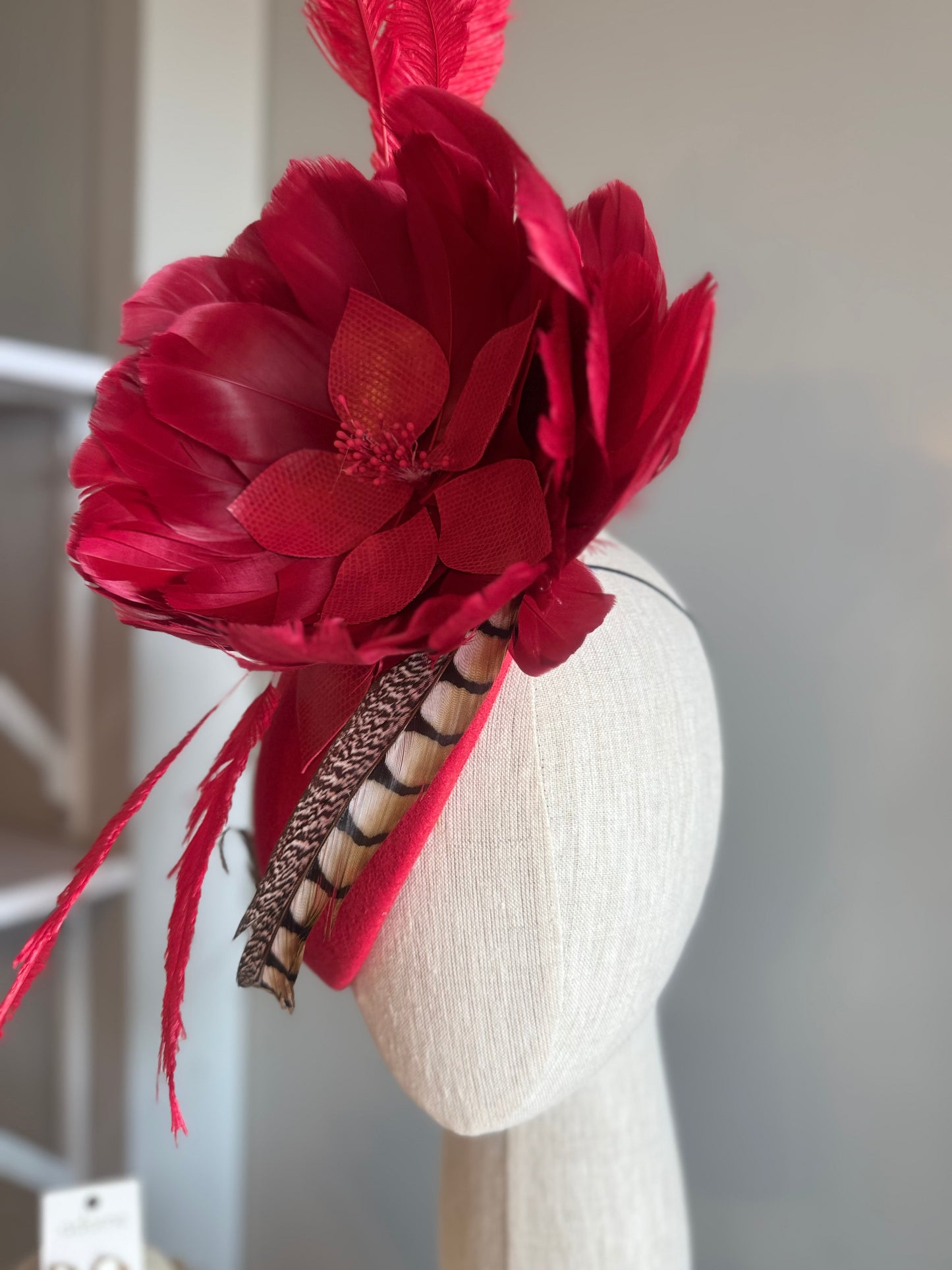 “Dixie” Red feather felt/wool pillbox