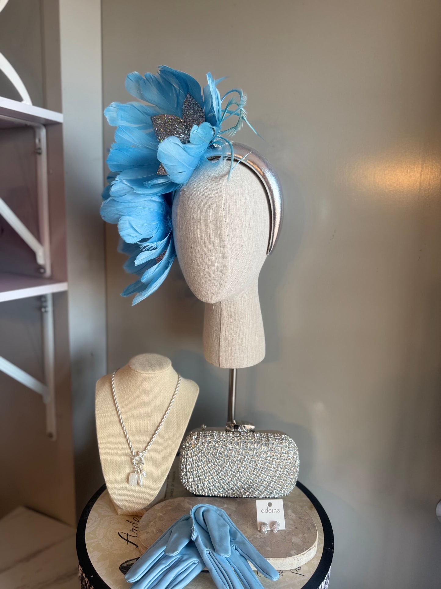 “Jeanada” baby blue & silver feather statement