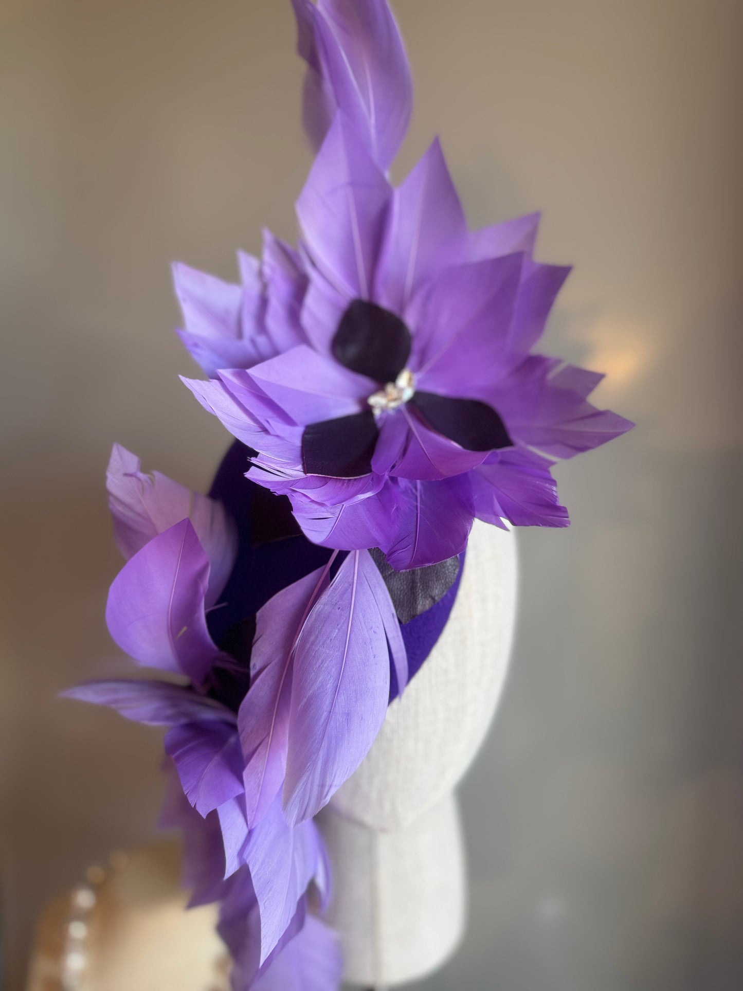 “Eleni” purple feather, leather & felt/wool statement