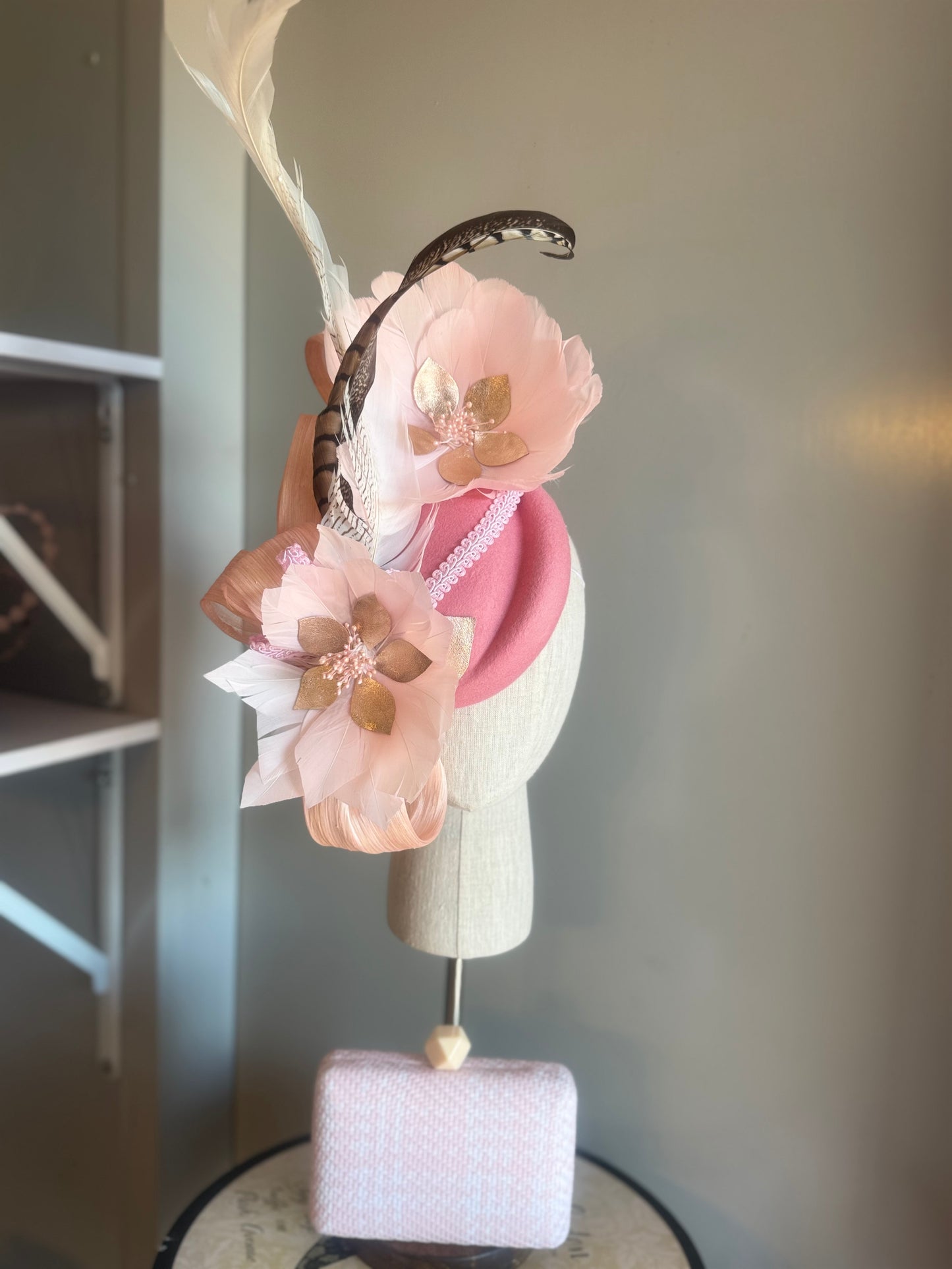 “Jessie” pink feather statement felt/wool pillbox