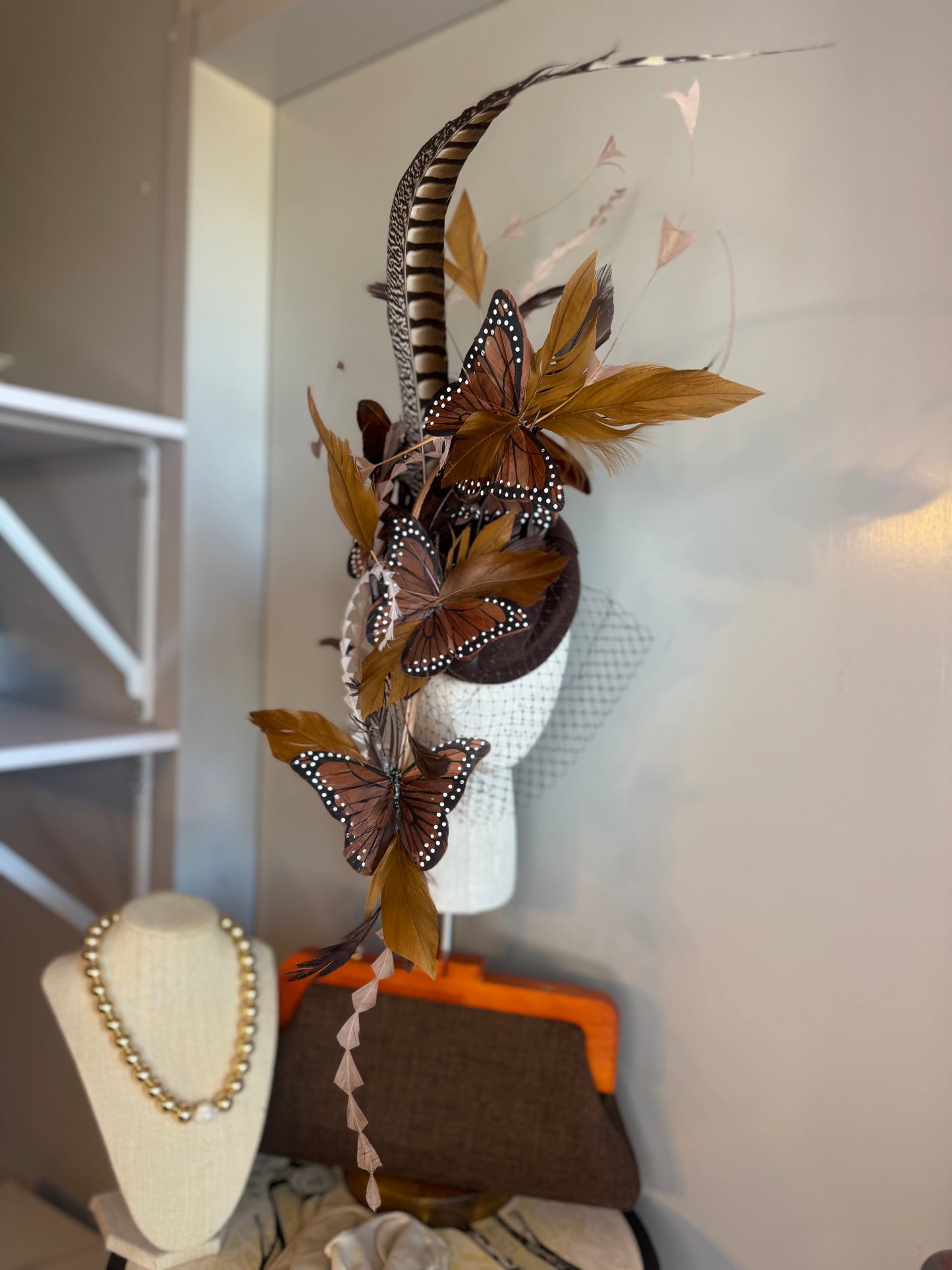 “Iris” Brown feater Butterfly felt/wool statement
