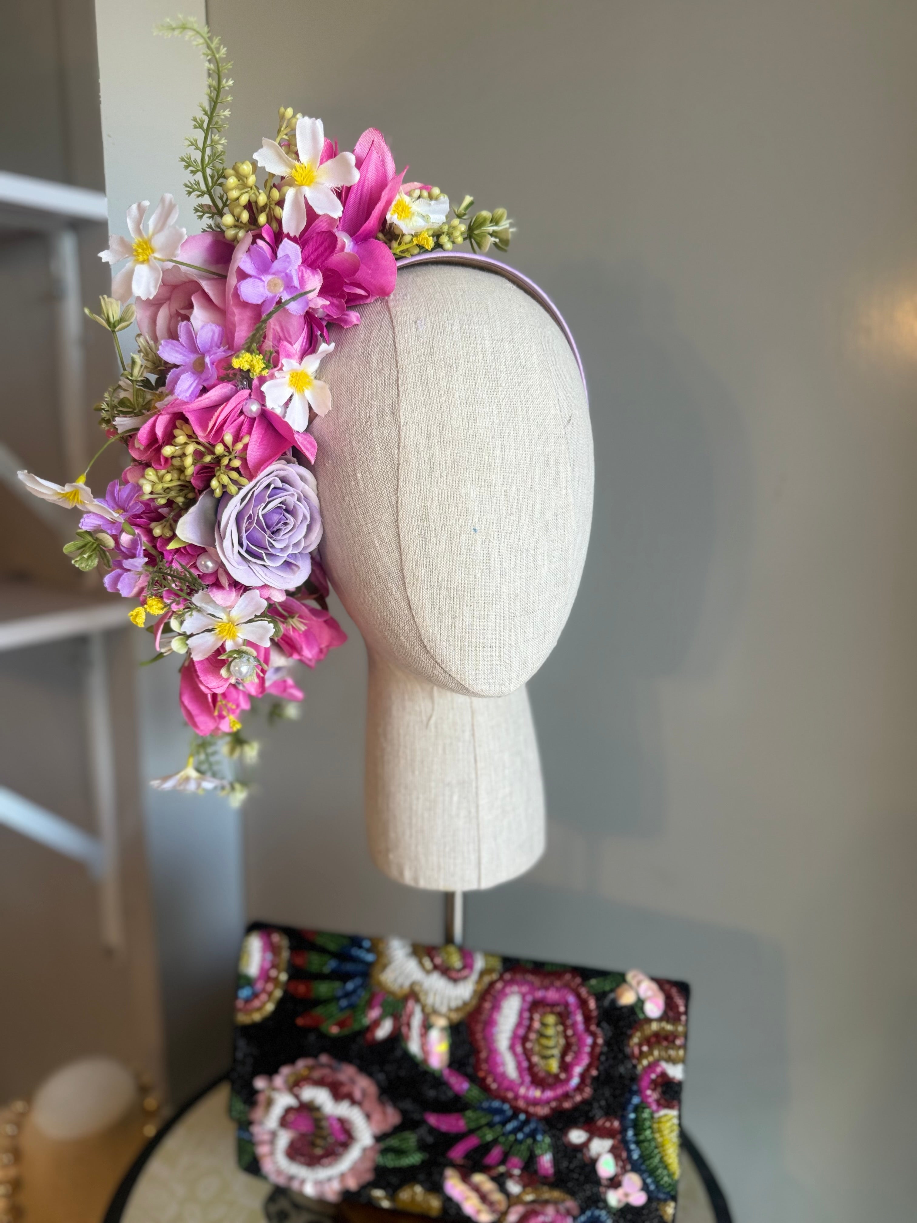“Sammi” pink & purple spring floral – Fascinators by Nerchar