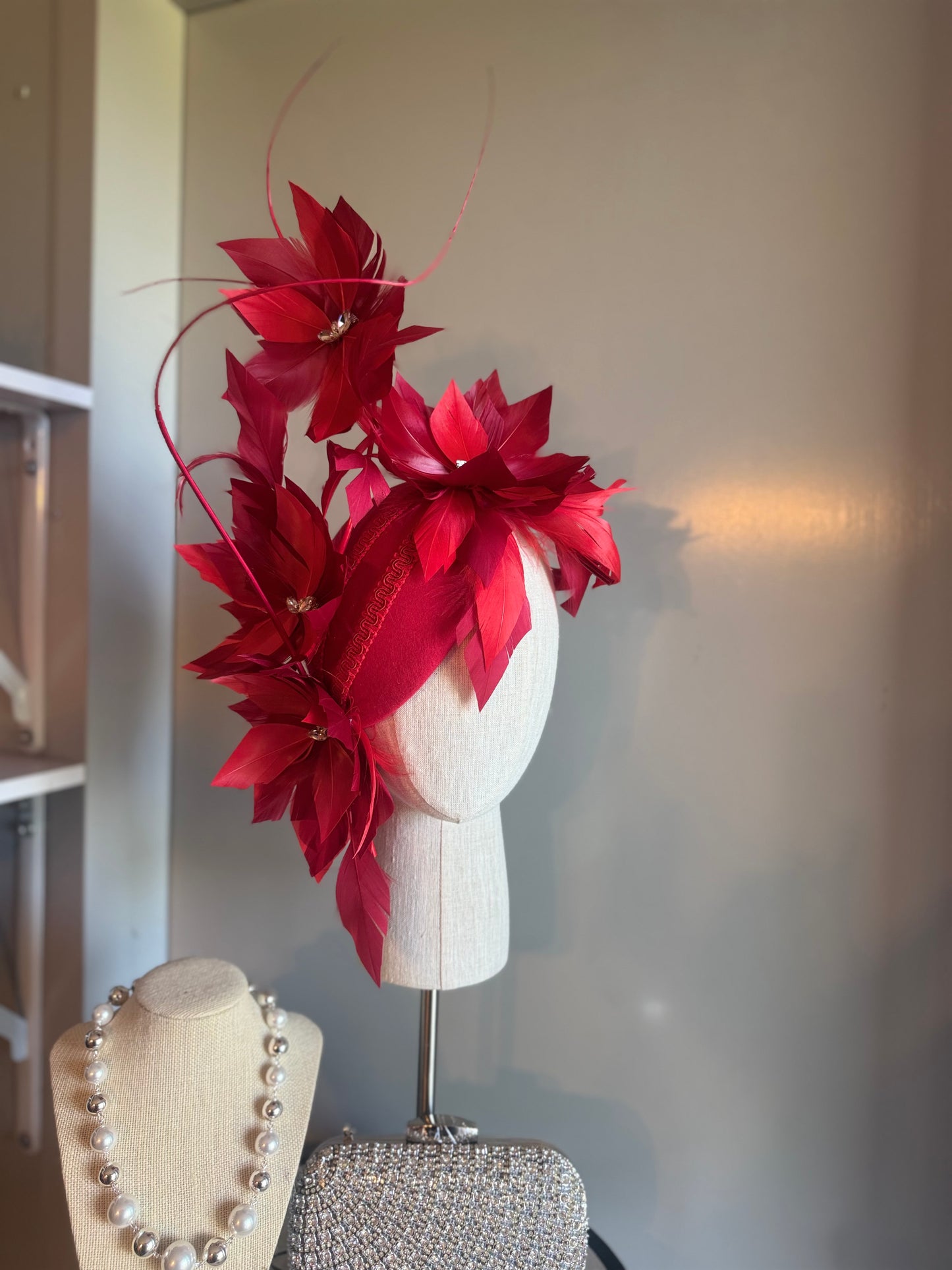 “Odette” Red feather statement felt/wool pillbox