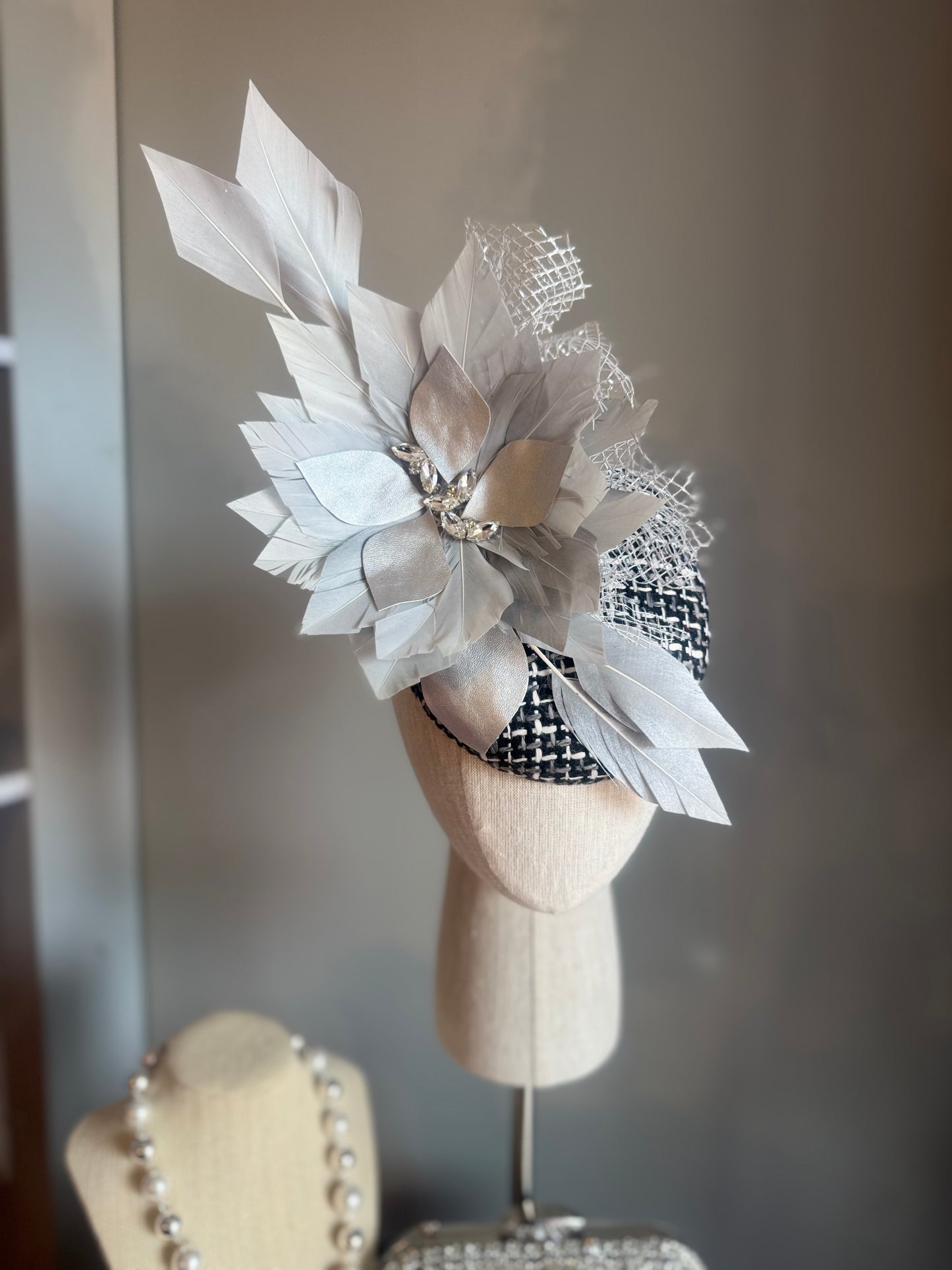 “Beatrice” Silver grey, black & white feather felt/wool statement