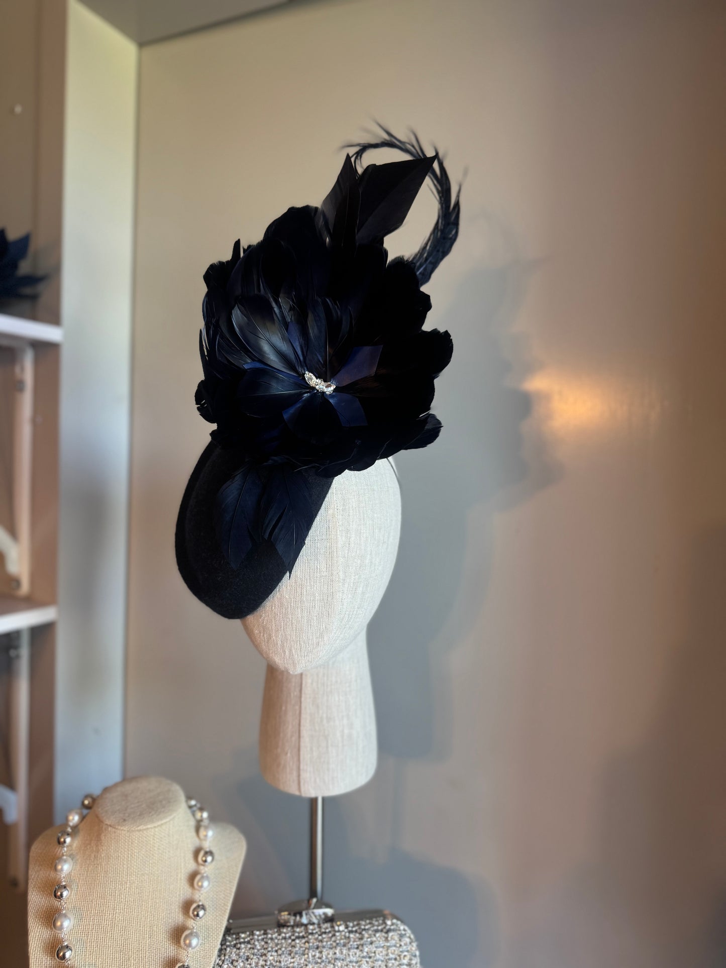 “Laura” Navy feather statement pillbox