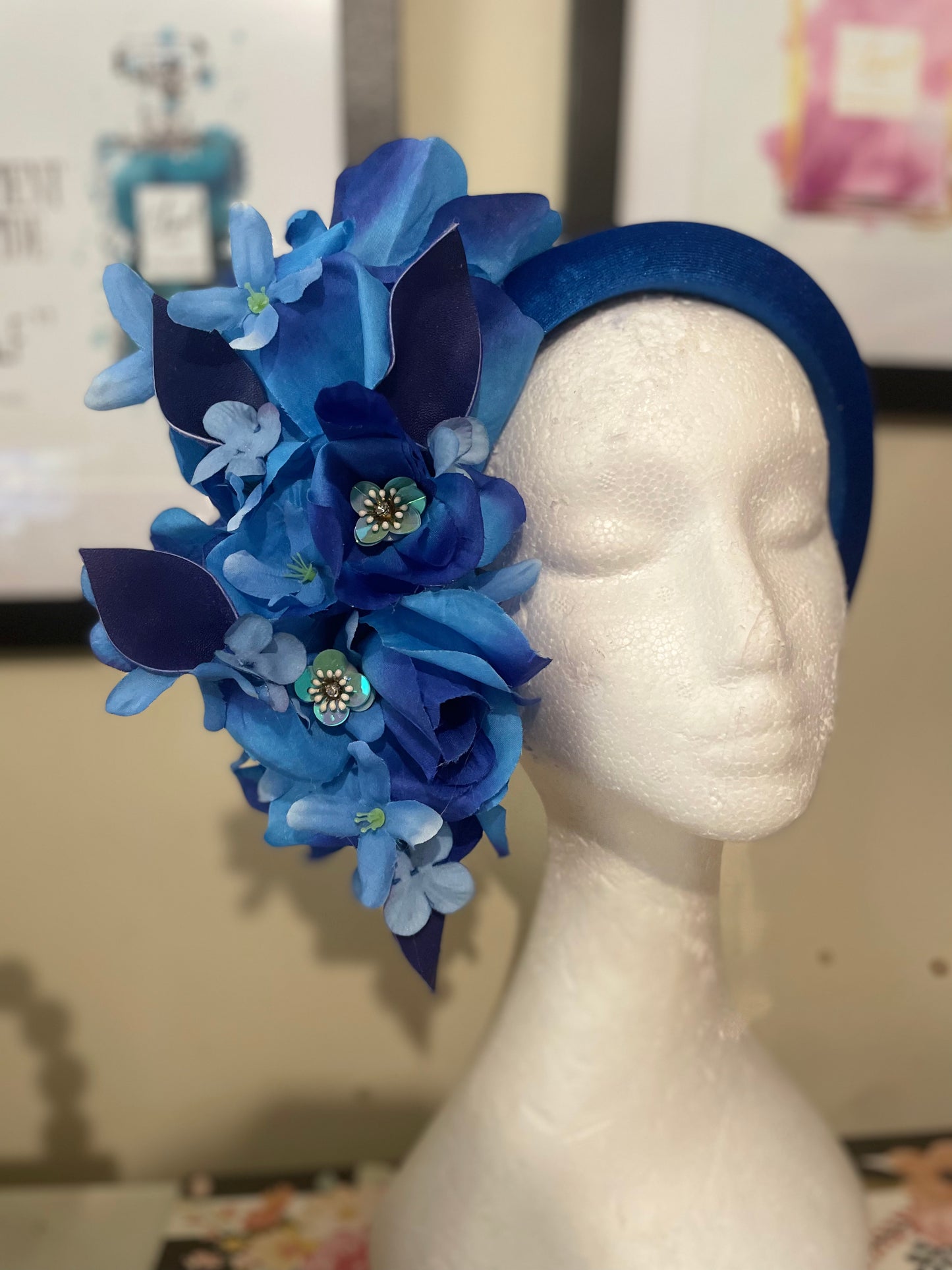 Blue floral on a blue velvet padded headband