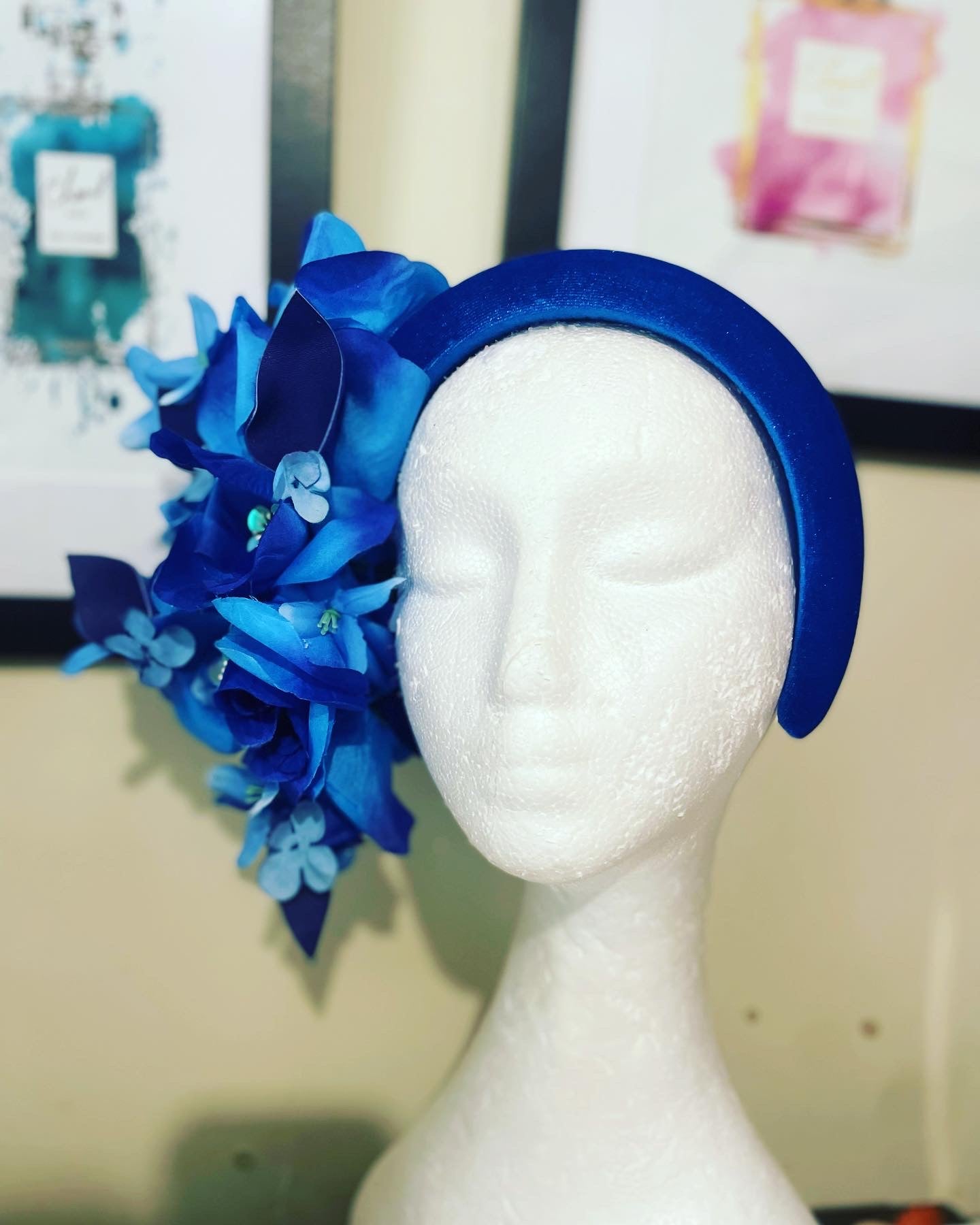 Blue floral on a blue velvet padded headband