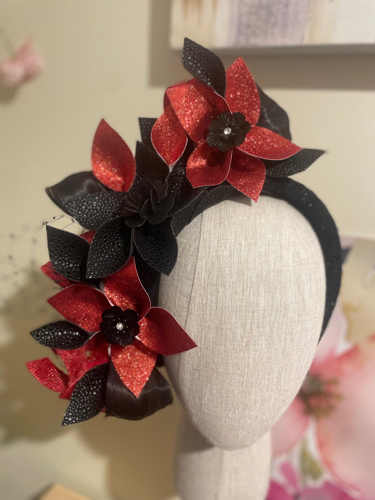 Red and black floral pleather headband