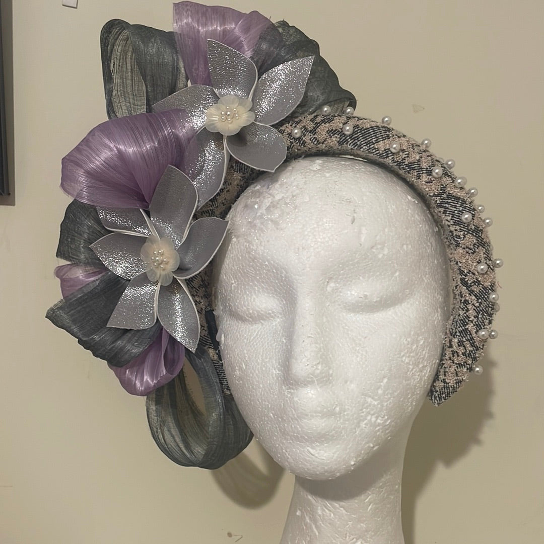 Grey,lilac silver floral with pearls