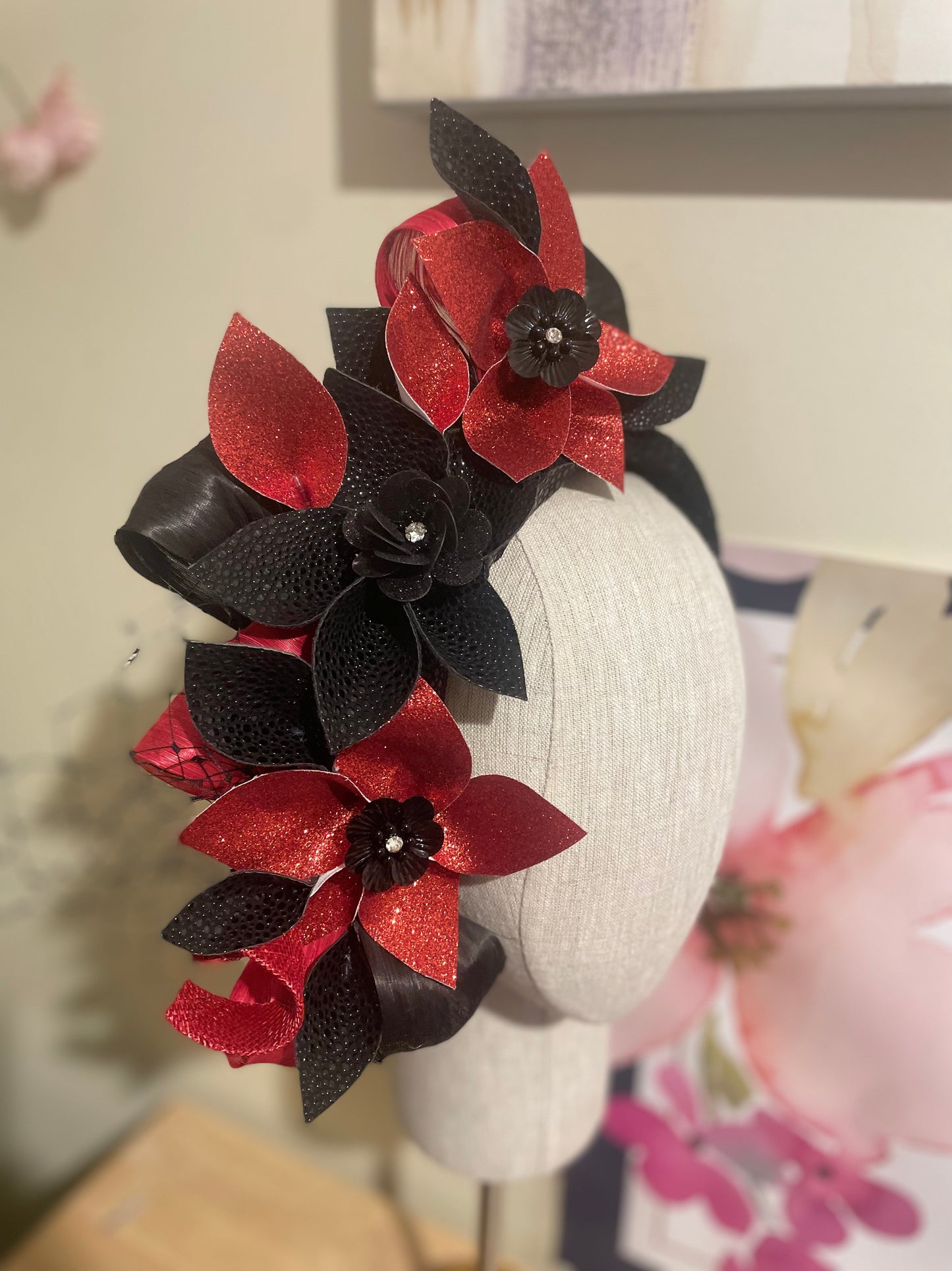 Red and black floral pleather headband