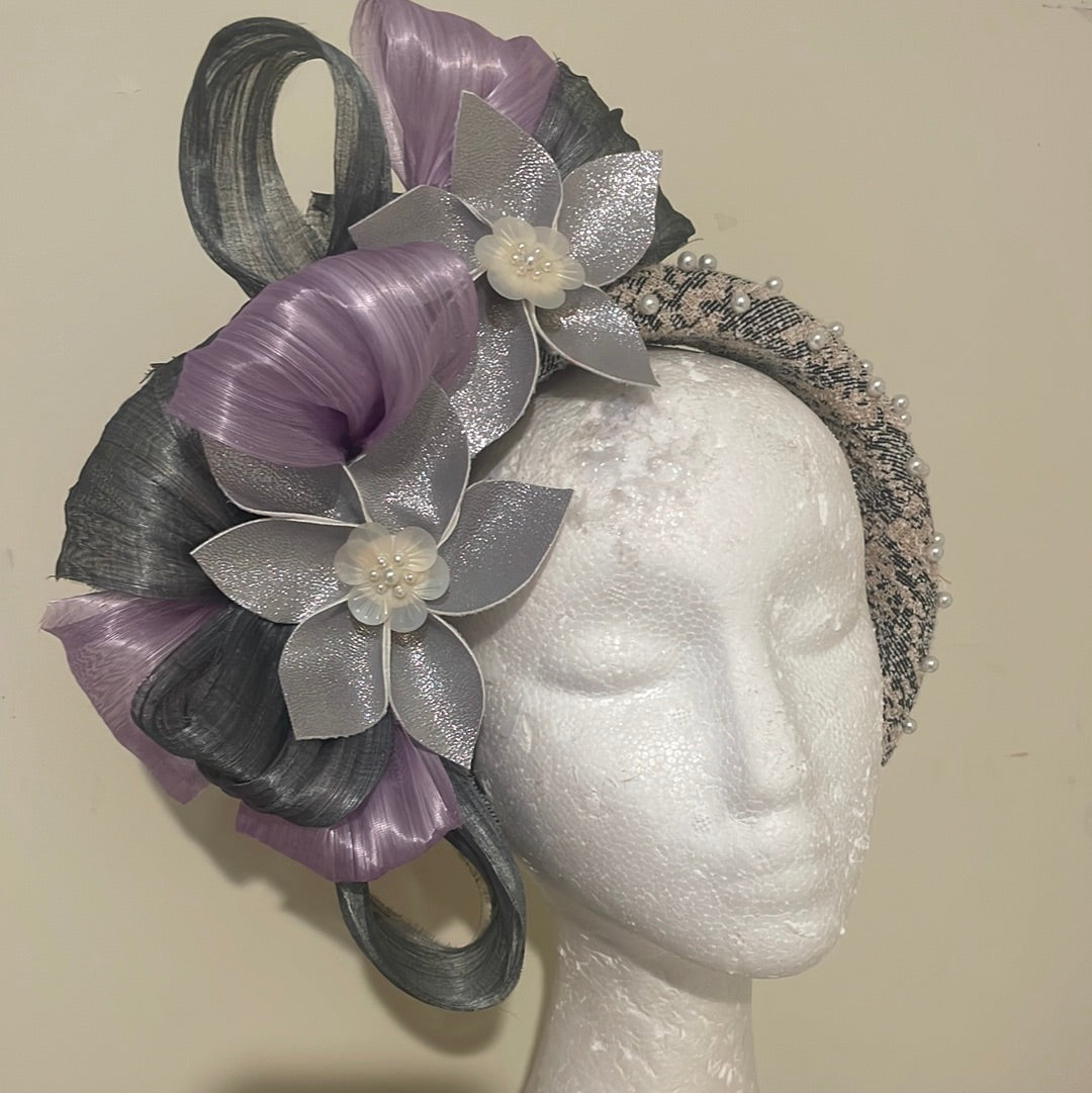 Grey,lilac silver floral with pearls