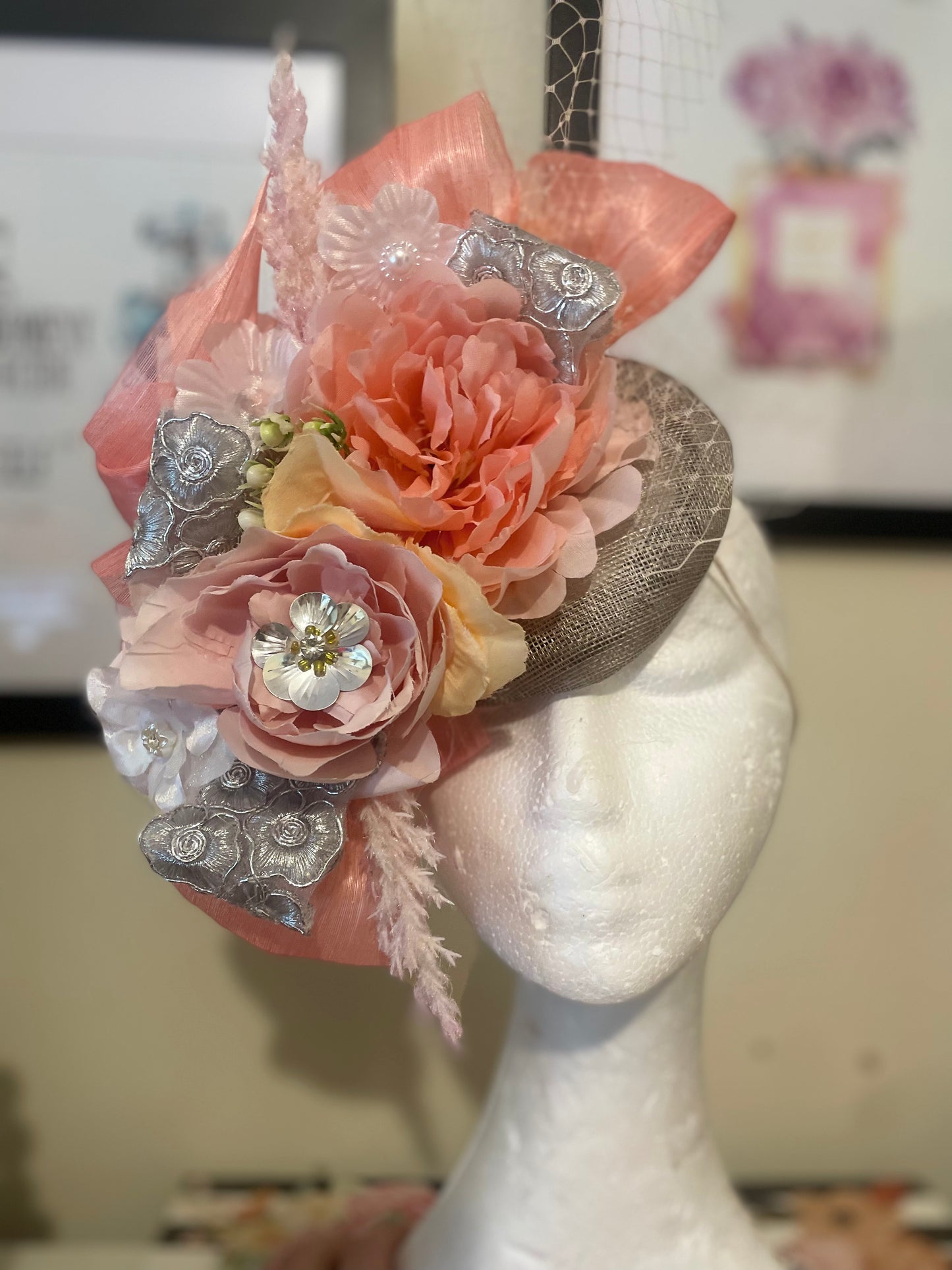 Grey and soft pinks fascinator