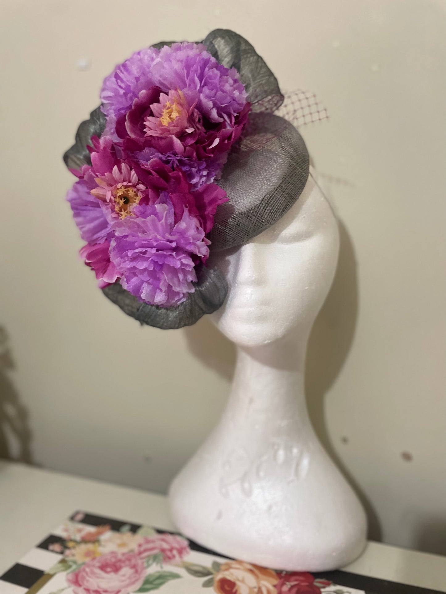 Lilac and grey fascinator