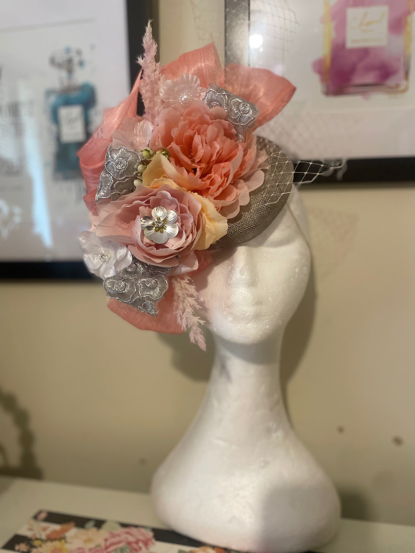 Grey and soft pinks fascinator
